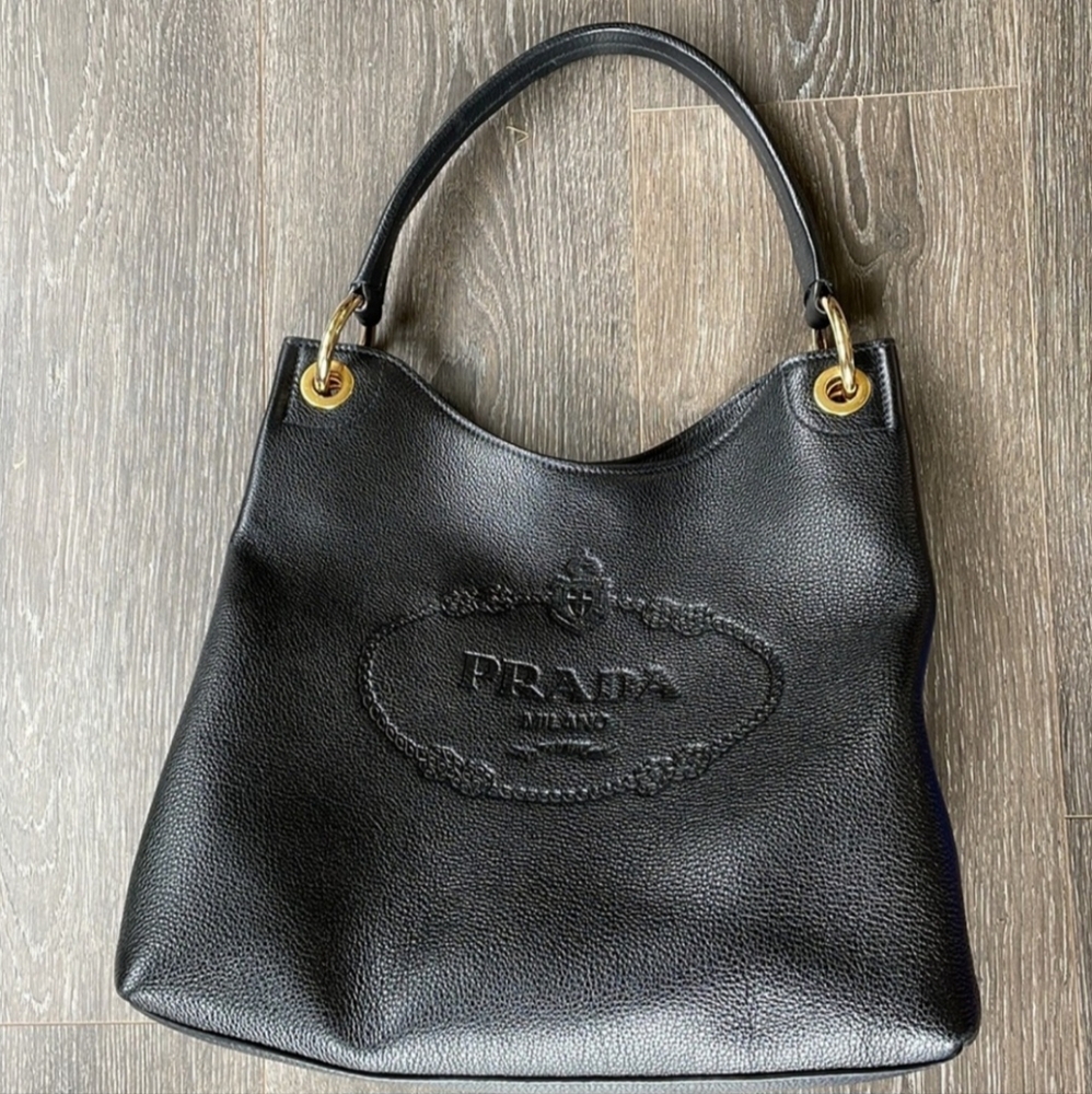 SOLD Authentic Prada Vitello Phoenix Embossed Logo Hobo Black Shoulder Bag